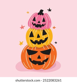 Calabazas coloridas divertidas para Halloween, Ilustración vectorial en estilo plano sobre fondo rosa.