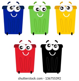 Funny colorful recycle bin mascots isolated on white