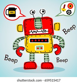 funny colorful robot with machine parts, vector cartoon illustration
