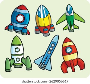 Funny colorful rocket cartoon illustration set