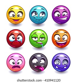 Funny colorful round faces set, cartoon emoticons, vector icons