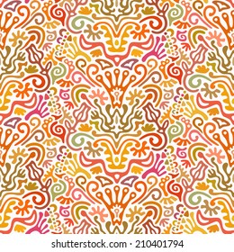 Funny Colorful Seamless Pattern with Abstract Flowers, Leaves, Hearts, Crowns on White Background