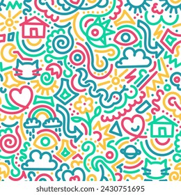 Funny colorful seamless pattern - Artistic doodle style art background for wrapping paper or wallpaper. Modern minimalistic design with basic shapes.