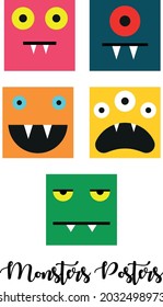 Funny colorful seamless pattern with cartoon halloween monters Vector illustration Vector set of four Halloween monster faces 