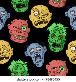 Funny colorful seamless pattern with cartoon halloween zombie faces. Vector illustration. Great print for wrapping paper, fabric, textile, greeting cards.