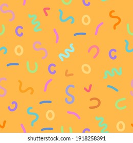 Funny Colorful Seamless Pattern con Confetti. Antecedentes del Carnaval. Decorativo vectorial sobre fondo naranja   