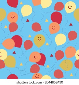 Funny and colorful seamless pattern design. Balloons with happy faces in yellow, orange and red floating on turquoise blue background. Convenient  for birthdays and other celebrations.