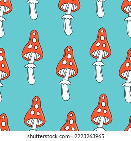 Funny colorful seamless pattern with mushrooms. Childish bright endless background with cartoon fly agaric. Nature repeat vector illustration for kids, textile, surface, fabric, wrapping