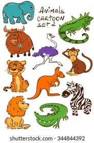 Funny colorful set of hand drawn cartoon wild animals.