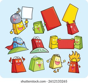 Funny and colorful shopping bag cartoon character set