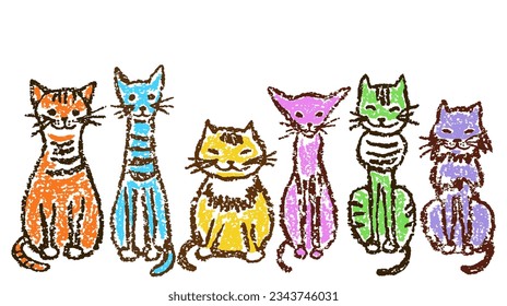 Hübsche, bunt sitzende Katzen Set. Wax Crayon wie Kinderhandgezeichnet, süße Kätzchen Clipkunst, Pastelkreide oder Bleistiftkinder zeigen einen Streichenkartoon, der Kätzchen lächelt. Kunstdoodle, einfache Haustiere