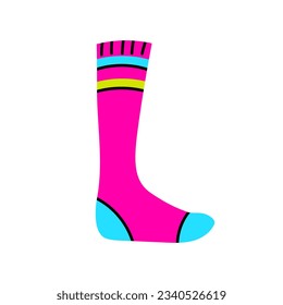 Funny colorful sock. Vibrant neon colored knee sock. Cartoon doodle style vector illustration