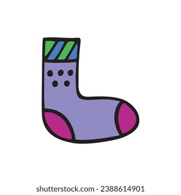 Gracioso calcetín colorido. Calcetín de rodilla violeta. Estilo Doodle
