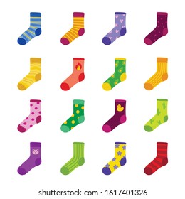 Funny colorful socks flat vector illustrations set. Creative childish footwear, multicolor knitwear with different patterns and drawings. Warm foot wear for children isolated on white background