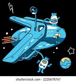 Funny colorful spaceship in universe with aliens looking at the Earth and star and thunder