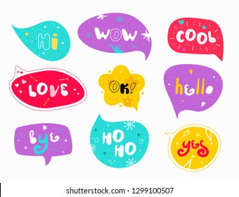 Funny colorful speech bubbles with words. Slogan stylized typography. Sketch quotes and phrases collection. Dialog windows with phrases: hi, wow, cool, love, ok, hello, bye, yes