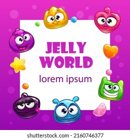 Funny colorful square candy banner. Cute childish card template with happy glossy jelly monsters.