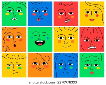 Funny colorful square emoji faces, comic avatars set. Smiley characters with cute faces showing different emotions collection doodle vector illustration