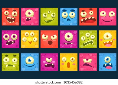 Funny colorful square face of monsters with different emotions vector Illustrations, smiles characters for site, video, animation, websites, infographics, messages, comics, newsletters