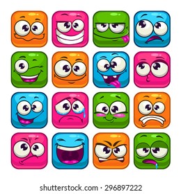 Funny Colorful Square Faces Set, Cartoon Vector Avatars