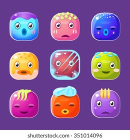 Funny colorful square faces set, cute emotional  cartoon vector avatars