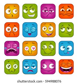 Funny colorful square faces set. Cute cartoon vector avatars. Isolated on white.