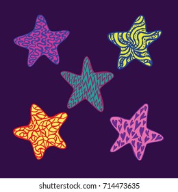 Funny colorful stars collection, hand drawn doodle, sketch in naive, pop art style, color vector illustration isolated on dark blue