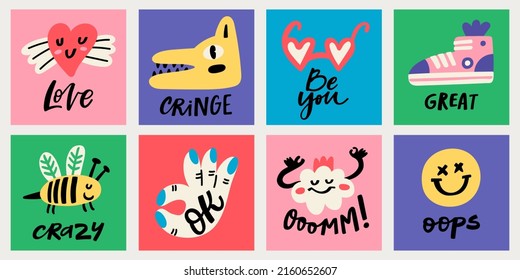 Funny Colorful Stickers Or Pins Collection, Cute Comic Characters And Phrases. Heart, Ok Sign, Sneaker, Glasses, Bee, Cloud And Wolf. Hand Drawn Trendy Vector Illustration