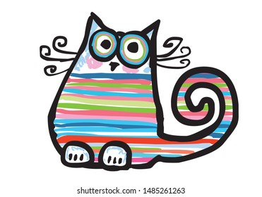Funny, colorful striped cat – vector, isolated