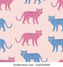 Funny colorful tigers hand drawn vector illustration. Tropical wild cats seamless pattern for kids fabric or wallpaper.