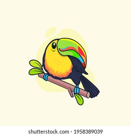 Funny colorful toucan sitting on branch.Bird for design birthday cards,zoo ad,fashion print,stickers,invites,nature concept,children book.Tucan in wild life.South America fauna.Vector illustration.