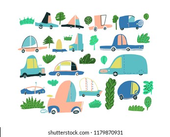 funny, colorful toy cars driving through the forest, vector illustration, pattern