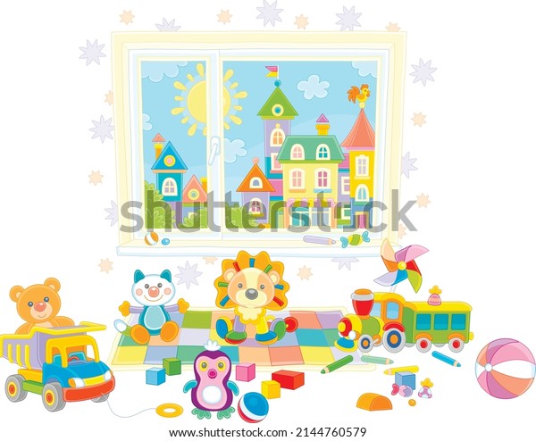 Funny colorful toys\
scattered after a merry game in a nursery room with a pretty small\
town outside a window, vector cartoon illustration isolated on a\
white background