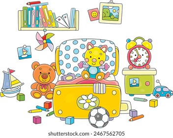 Funny colorful toys scattered in a nursery room with a pretty small bed, a bookshelf with fairytale books and a bedside-table with an alarm clock, vector cartoon illustration on white