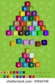 funny colorful vector background with playing cubes for children,alphabet and numbers isolated on green background