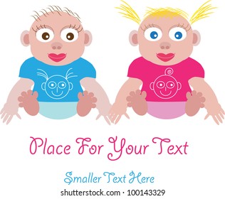 funny colorful vector background with small baby boy and baby girl and place for your text isolated on white background