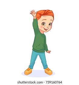 Funny colorful vector boy raised his hand with an open palm in greeting gesture. Isolated kids character.