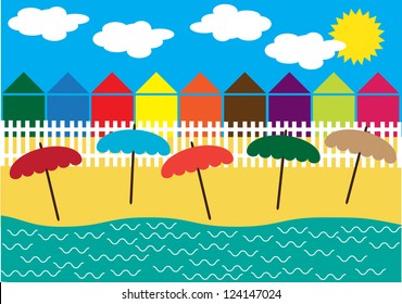 funny colorful vector design with holiday theme,small houses on the beach