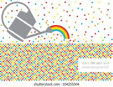 funny colorful vector illustration with grey watering can, rainbow, crazy squares and frame for your text