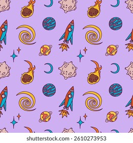 Funny colorful vector pattern for kids. Space elements, stars, planets, rocket.