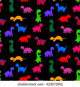 Funny colorful  vector seamless dinosaur pattern on black  background. Funny seamless
pattern. Childish background for print, wrapping paper, textile