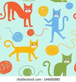 Funny colorful vector seamless pattern with cheerful cats
