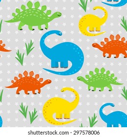 Funny colorful vector seamless pattern with cute dinosaurs