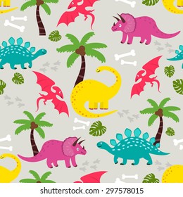 Funny colorful vector seamless pattern with cute dinosaurs