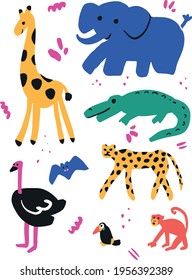 Funny colorful vector wild animals exotic childish graphic design cute set cheetah elephant strauss monkey bat crocodile trendy