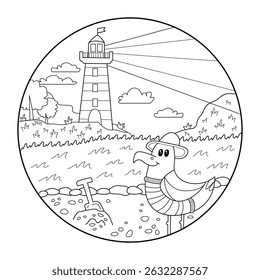 Funny coloring book illustration with seaside scene featuring a lighthouse and a seagull in a hat