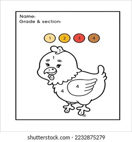 funny coloring by numbers game. Vector illustration coloring by numbers game with cartoon hen for kids