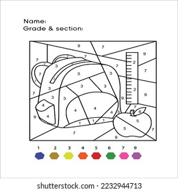 funny coloring by numbers game. Vector illustration coloring by numbers game with cartoon beg with apple for kids.