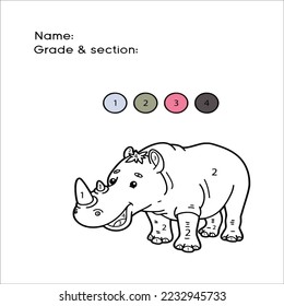 funny coloring by numbers game. Vector illustration coloring by numbers game with cartoon rhinoceros for kids.