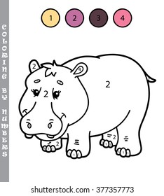 funny coloring by numbers game. Vector illustration coloring by numbers game with cartoon hippo for kids